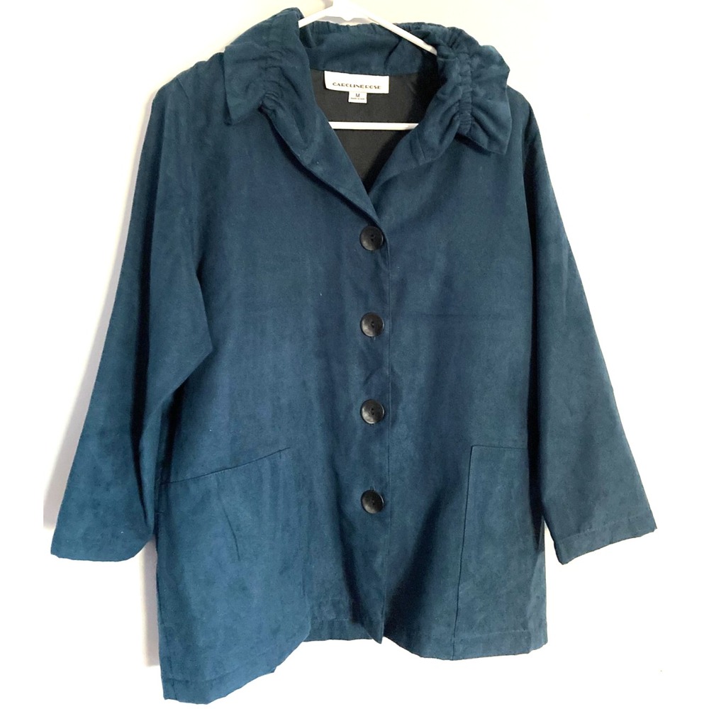 Caroline Rose Jacket Womens Medium Teal Button Front Ruffle Collar Coat